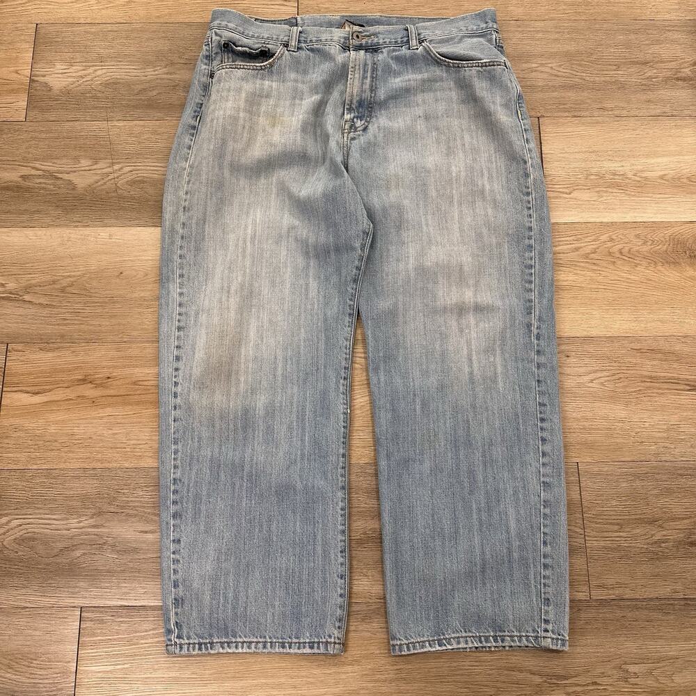 Lucky Brand Jeans Mens 38x29 Light Blue Wide Leg Loose Fit Distressed Denim